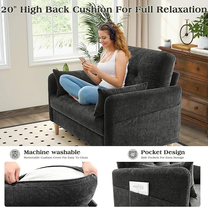 Hanherry Loveseat Sofa, 47” Small Couch for Living Room, Comfy Chenille Fabric Love Seat for Bedroom with Throw Pillow,Removable Cushion Cover,Couches for Small Space,Apartment,Dorm