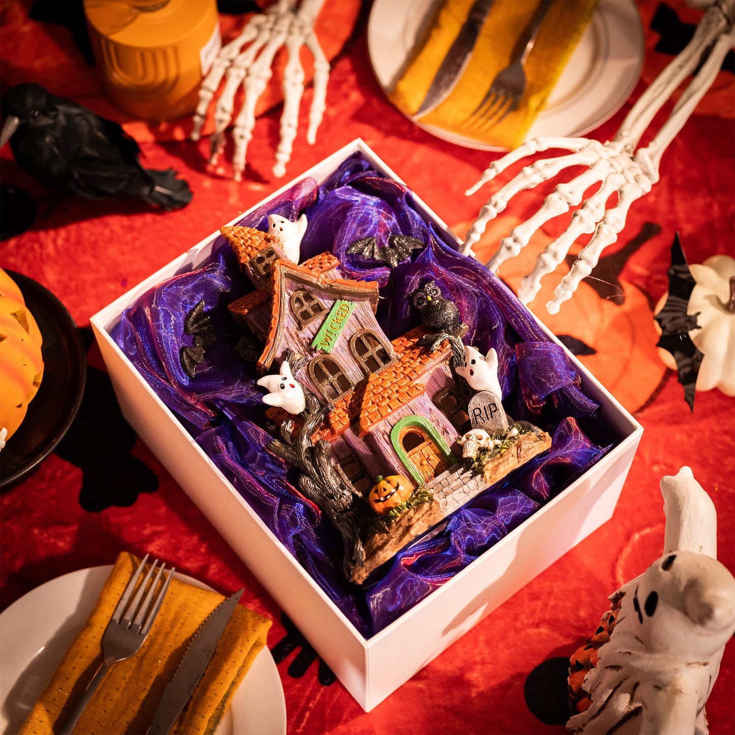 Valery Madelyn Halloween Decorations, Lighted Halloween Village Houses with LED Lights, Resin Spooky Town Happy Haunted House for Home and Party Table Desk Mantel, 9 Inch