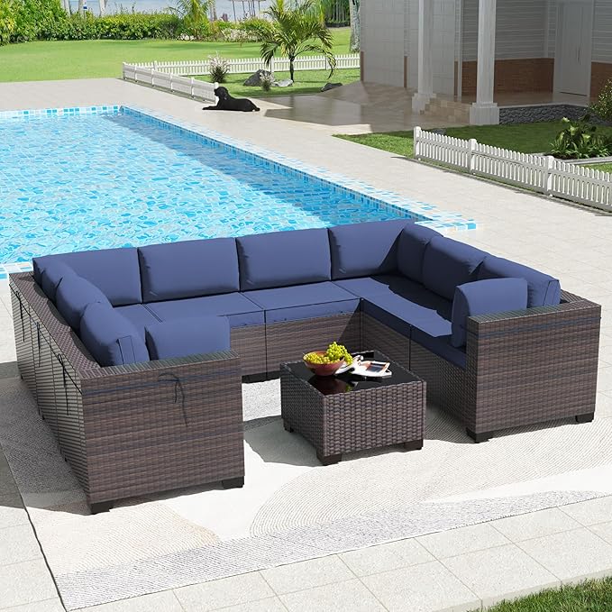 Kullavik 9PCS Outdoor Patio Furniture Set PE Wicker Rattan Sectional Sofa Patio Conversation Sets,Navy Blue