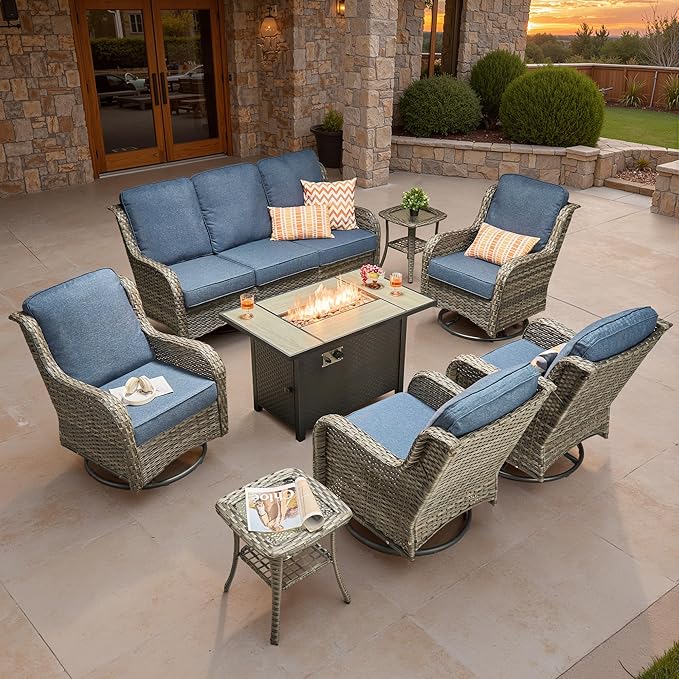 ovios 8 Pieces Patio Furniture Set, Outdoor Wicker Sofa Couch with Swivel Chairs 42" Fire Pit Table, High Back Modern All Weather Conversation Sets, Grey Rattan, Denim Blue