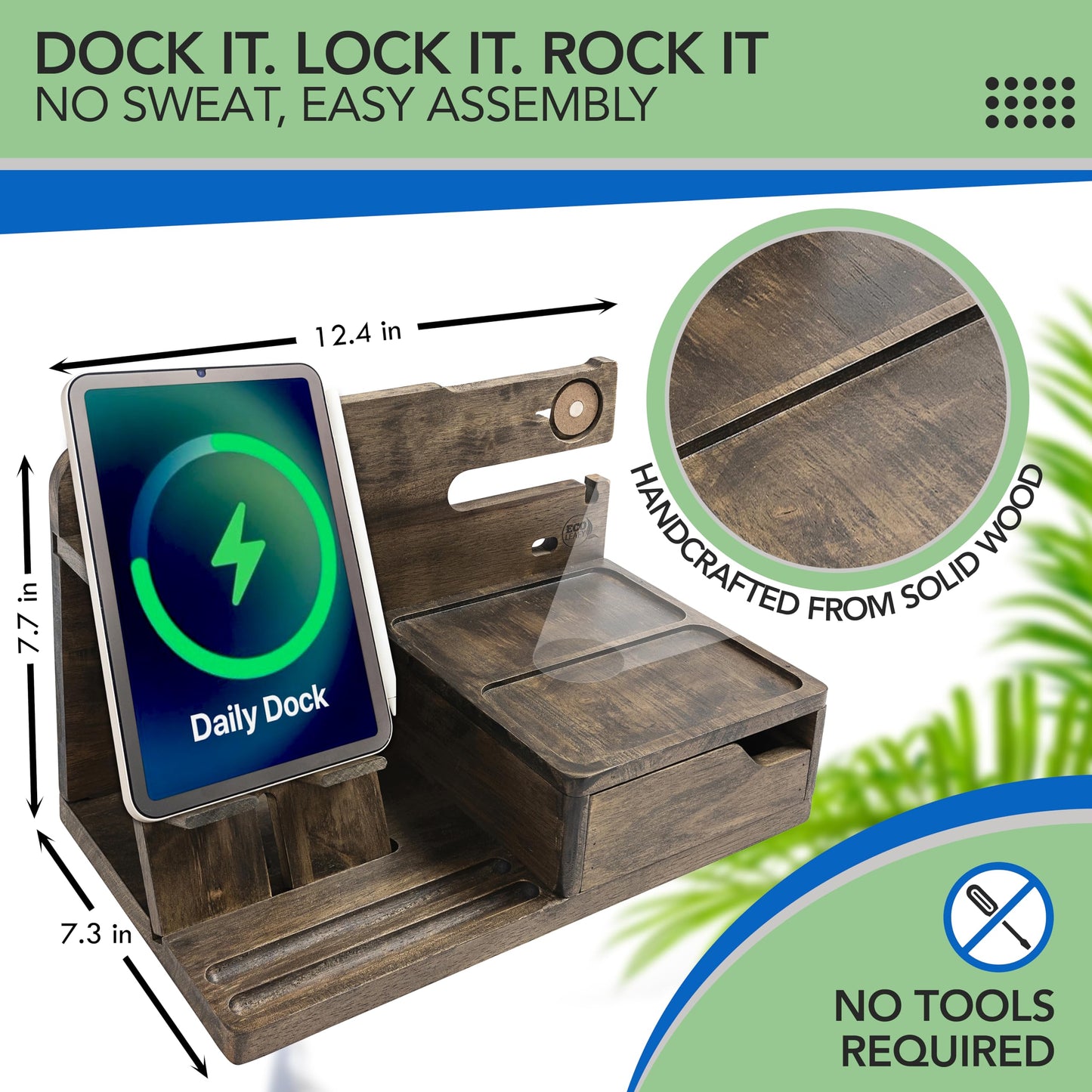 EcoLeafy Dot Nightstand Organizer- Bedside Docking Station for Men- Unique Gifts for Husband, Father or Dad from Wife, Son or Daughter- Desk Organizer for Phone, Watches, Wallet & Accessories (Rustic)