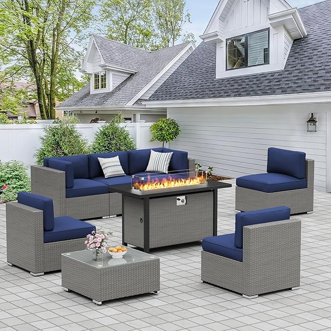 Crownland 8-Piece Outdoor Patio Furniture Sets with 45” Propane Gas Fire Pit Table, All-Weather Grey Wicker Rattan Sectional Sofa with Coffee Table(Dark Blue)