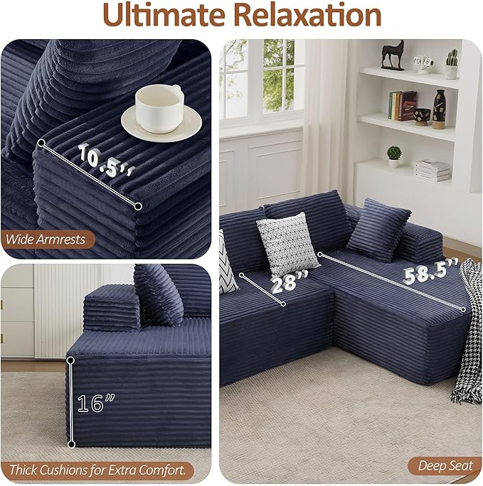 WUTUTUEE 110" Boneless Sectional Couch with Chaise Lounge, Cloud Couch Compressed Sofa L Shape, No Assembly Memory Foam Sofa for Living Room, Blue Corduroy