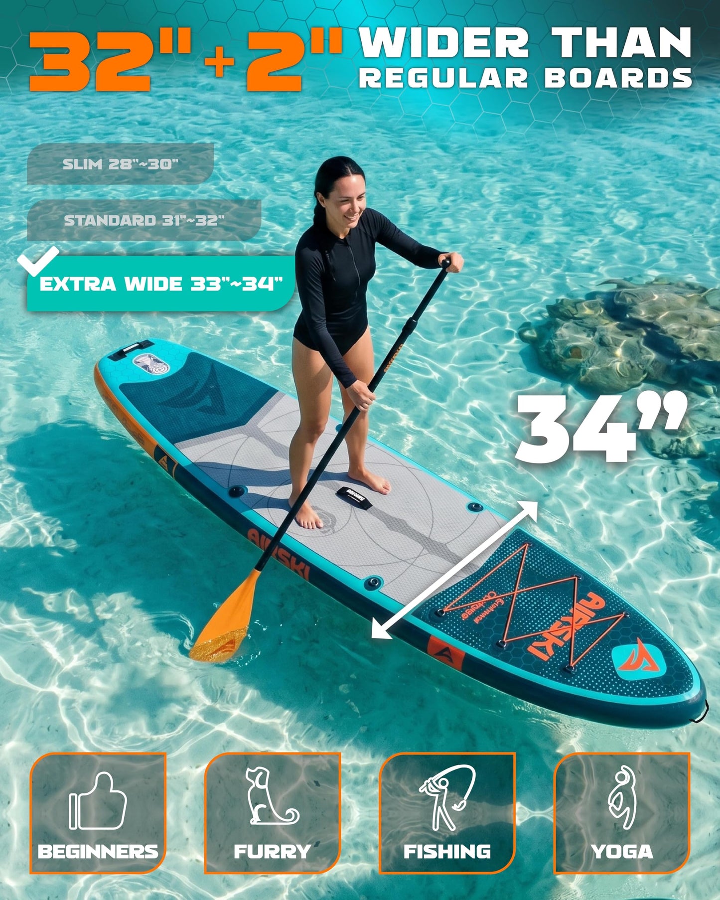 Airski 11'x34'' Extra Wide Inflatable Paddle Board, Stand-up Paddleboard for Adults, 420lb Capacity, Anti-Slip EVA, Stand-up Paddle Board for Yoga/Fishing/Family, US Fin, High-Pressure Pump, 100L Bag