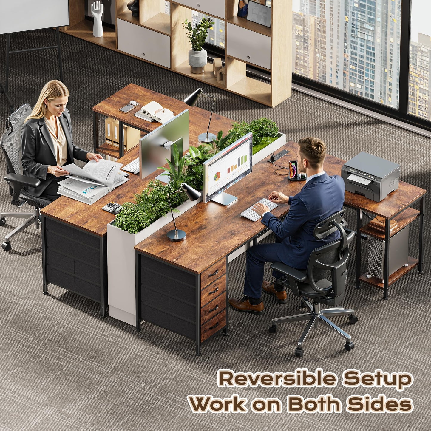 Huuger 55 Inch L Shaped Desk with Fabric Drawers, Reversible Computer Gaming Desk with Power Outlets and USB-C Port, Adjustable Side Storage Shelves, for Work Corner Home Office, Rustic Brown