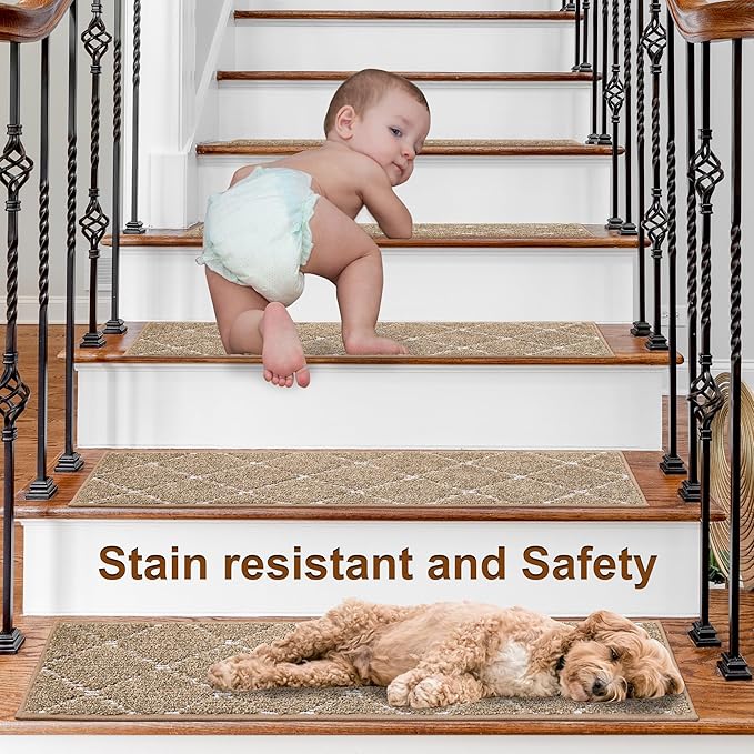 BEQHAUSE Stair Treads 15 Pack Non Slip Stair Runner 28inX9in Machine Washable Stair Mats 100% Polyester Soft Stair Carpet Treads for Wooden Steps