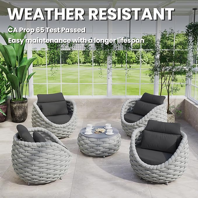 Erotr Woven Rope Deck Furniture Set: 5 Pieces Aluminum Patio Conversation Set All Weather - Cushioned Outdoor Sofa Set Assembled - Metal Modern Couch Set for 400 lbs Porch Deck Garden Poolside Hotel