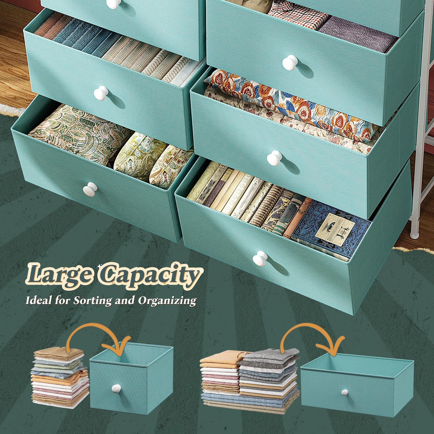 Romorgniz Tall Dressers for Bedroom with 12 Drawers, Fabric Storage Dressers & Chests of Drawers, Sturdy Metal Frame, Wood Top, Closet, Entryway, Bedroom Furniture (Turquoise)