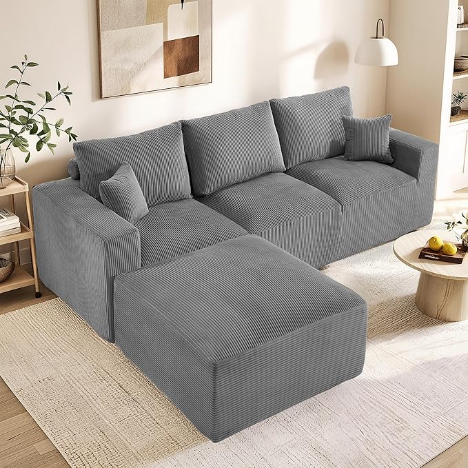 113" Modular Sectional Sofa, Compression Sofa with Deep Seat, Convertible L Shape Couch with Ottoman, Upholstered Couches for Living Room Bedroom,No Assembly Required (Grey Corduroy, 113" L Shape)