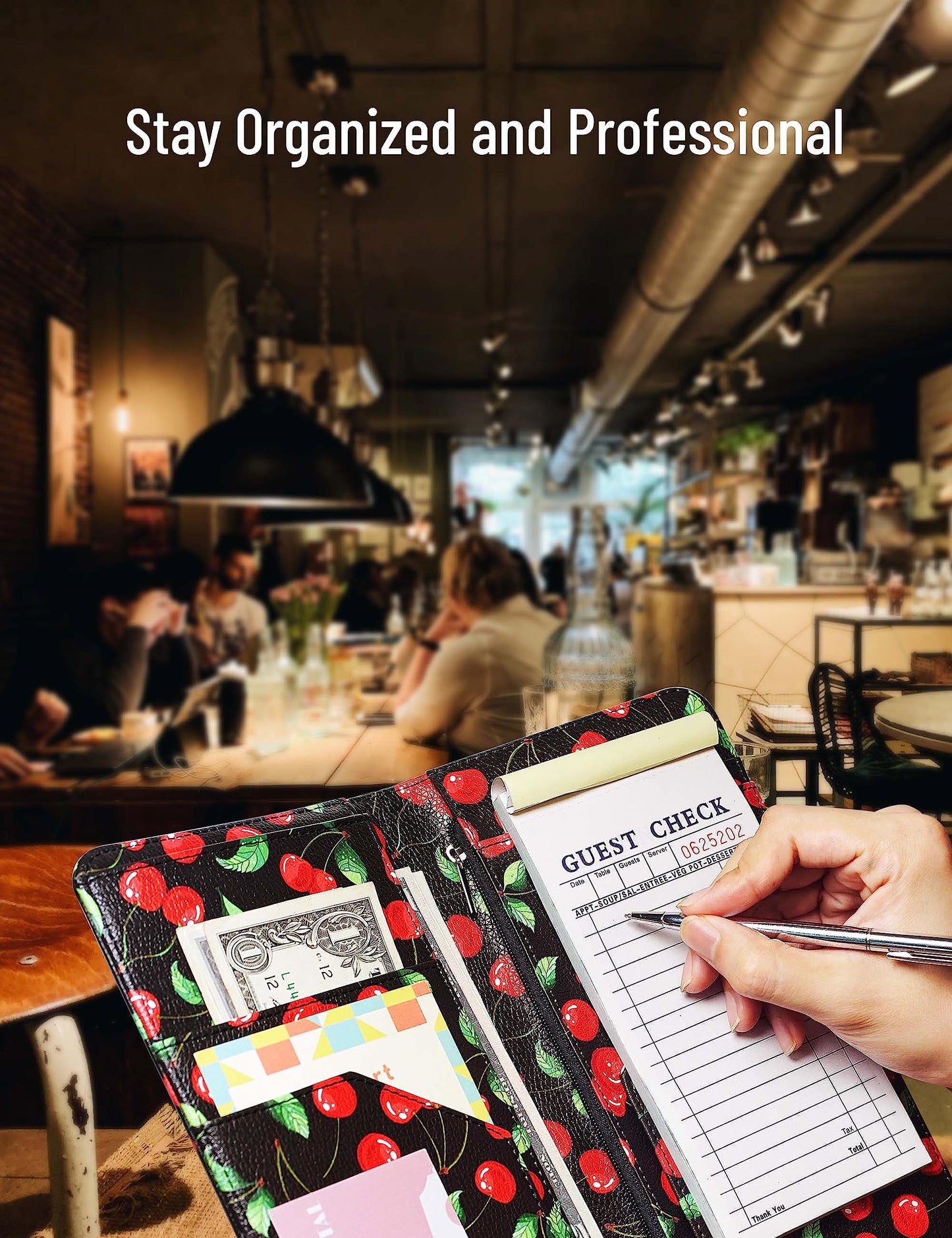 Mymazn 4.7 X 9 Cherry Server Book with Zipper Pocket Bling Waitress Book with Money Pocket and Magnetic Closure, Restaurant Waitstaff Organizer Fit Server Apron with High Volume Pocket