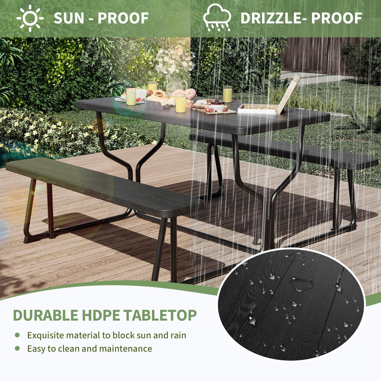 Outdoor Picnic Table with Benches, Portable Heavy Duty Wood-Like All Weather Picnic Table Set, Large Metal Picnic Tables for Outdoors, Backyard, Patio, Lawn, Garden (Black)