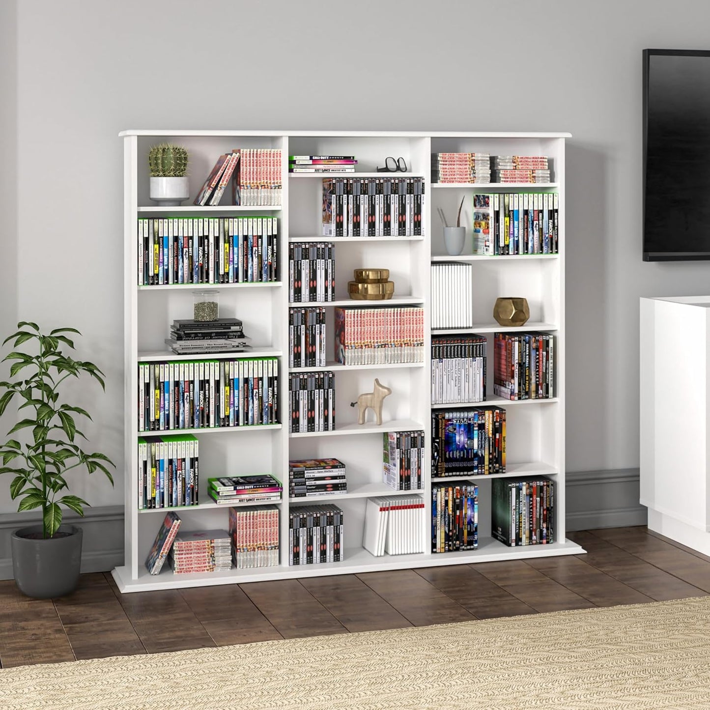 Prepac 3 Column 51" Tall White Display Multimedia Cabinet, Wood Media Storage with Removable Sheves, Modern Multimedia Storage Unit with 21 Adjustable Shelves for Books, DVDs and Collectibles, White