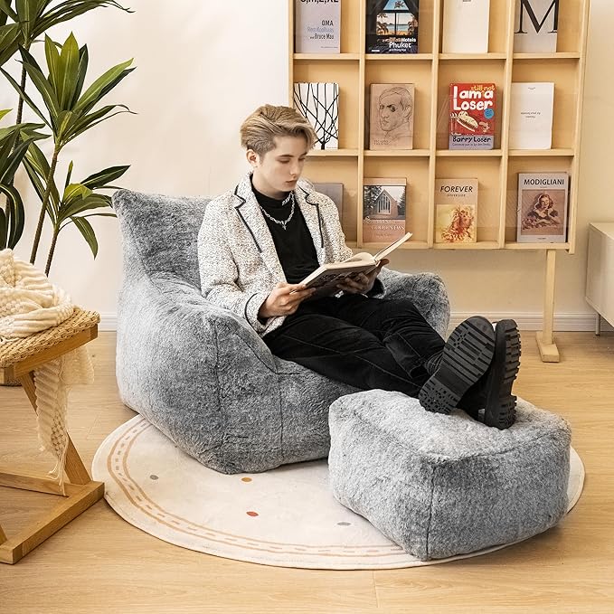 Cvortll Bean Bag Chair with Ottoman, Armrest Bean Bag Chairs with Filler, Ultra Soft Fluffy Faux Fur Bean Bag Chair with Foot Rest, Plush Lazy Sofa with Foot Stool for Living Room, Dorm