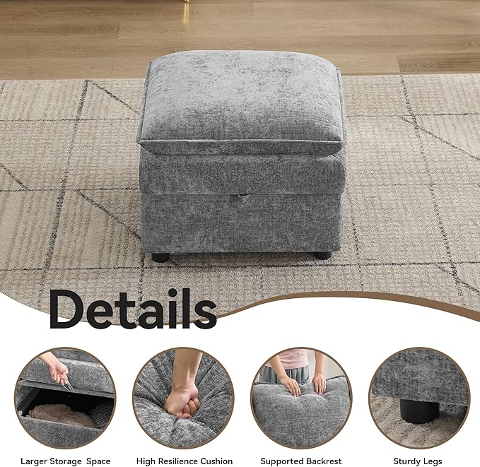 Abbrevi 27" Large Square Ottoman with Storage, Modern Upholstered Footrest with Anti-Slip Legs for Couch Coffee Table Living Room, Bedroom, Entryway, Chenille Light Grey