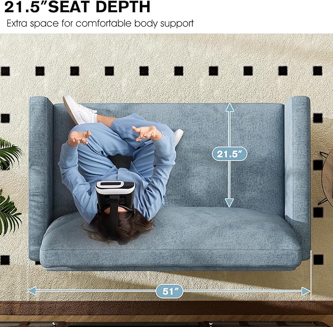 kakuboohi 51" Loveseat Sleeper Sofa Bed, Chenille Convertible Floor Sofa Bed for Small Spaces, Folding Couch Bed with Deep Seat, 2 Pillows & Solid Frame, Pull Out Couch for Living Room, Light Blue