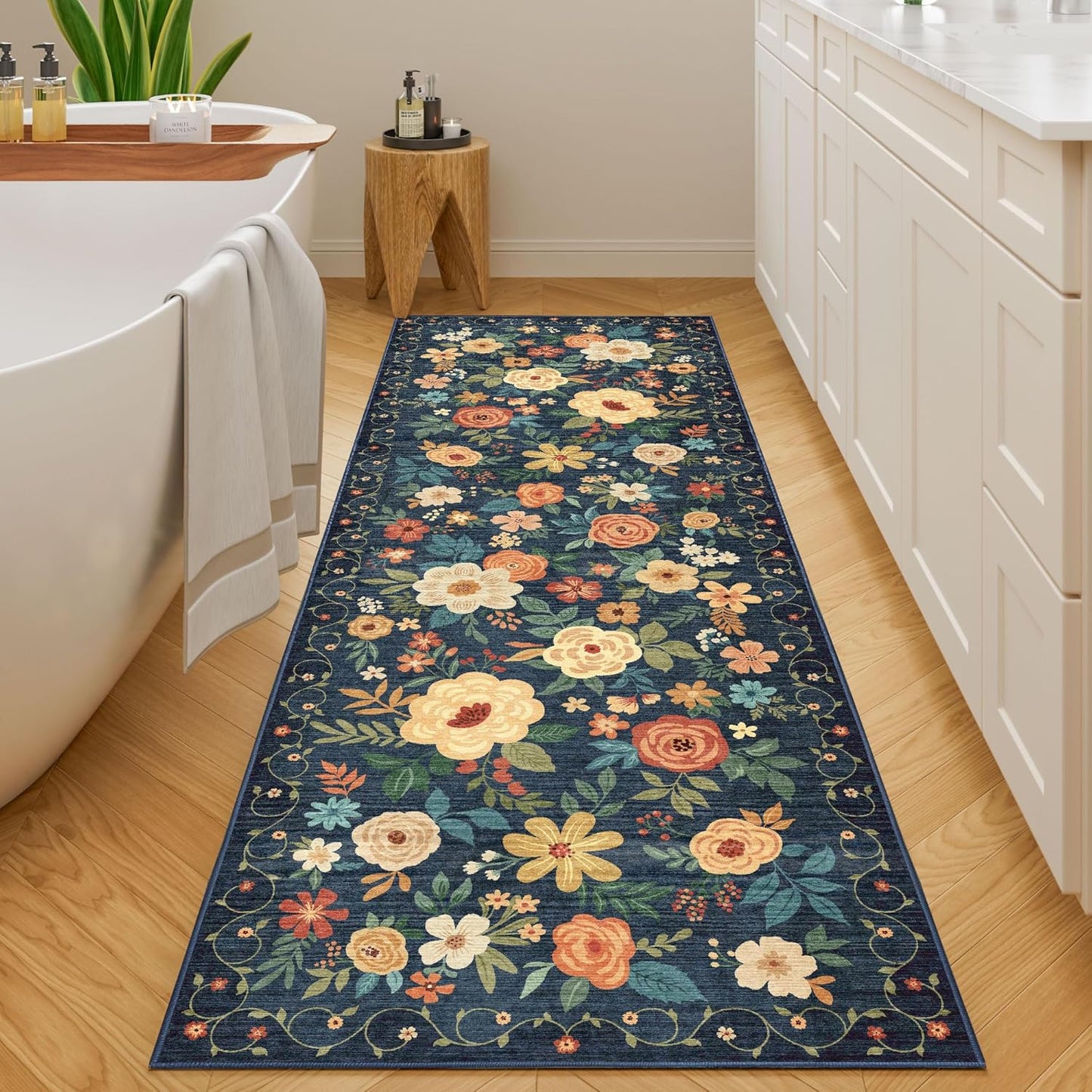DUKINO 2x6 Runner Rug for Hallway, Washable Kitchen Runner Rug with Non Slip Backing, Low Pile Soft Boho Floral Runner for Kitchen, Hallway, Entryway, Laundry, Bedroom, Dark Blue