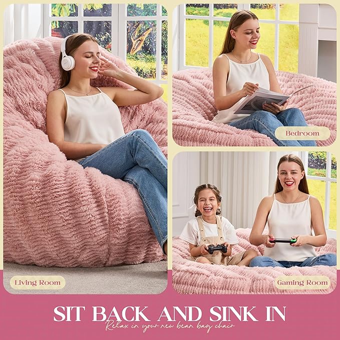 Hobestluk Bean Bag Chairs Beanbag Chair with Filler Adult Bean Bags with Fluffy Ripple Cover, Giant Bean Bag Chairs for Adults (Pink, 5FT - 50" x 50" x 24")
