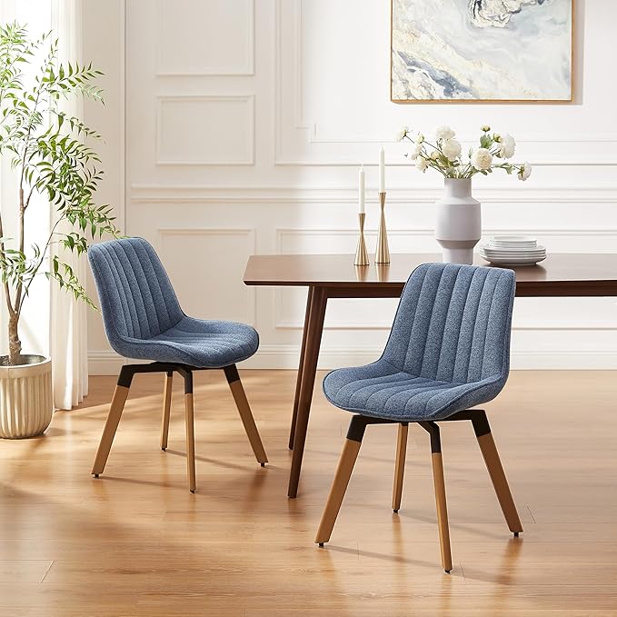 Art Leon Dining Chairs Set of 4, Mid Century Modern Swivel Dining Room Chairs, Fabric Upholstered Armless Side Chairs with Wood Legs for Kitchen Living Room Bedroom, Blue