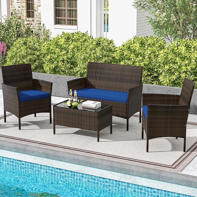 HAPPYGRILL 4 Pieces Outdoor Rattan Conversation Set, Patio Wicker Furniture Set with Loveseat Chairs & Tempered Glass Coffee Table, Outside Sectional Sofa Set for Backyard, Garden Poolside