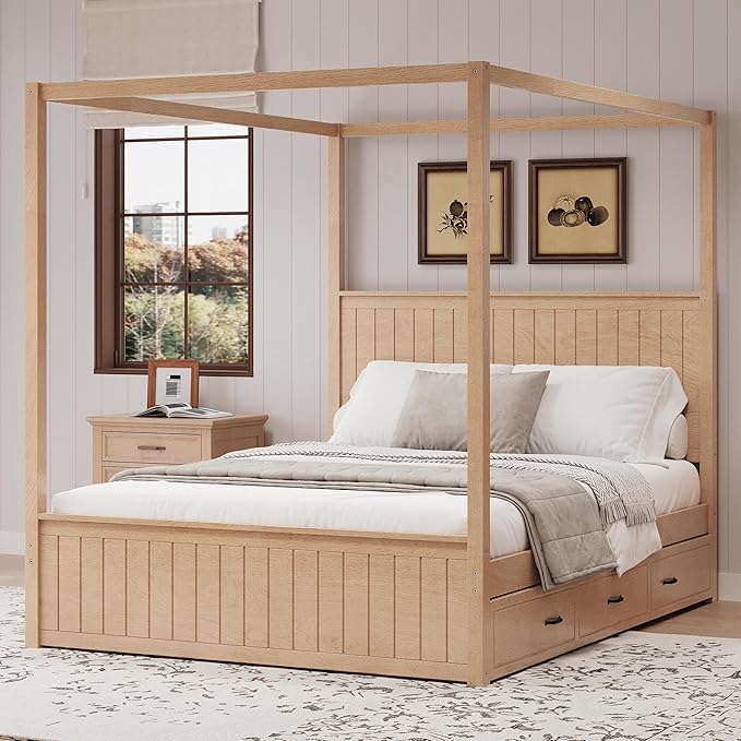 VilroCaz Modern Queen Size Canopy Platform Bed with Trundle and 3 Storage Drawers, 4-Poster Solid Wood Bed Frame with Chan...