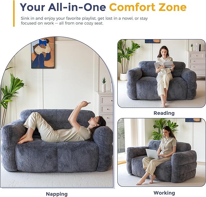 MAXYOYO Giant Bean Bag Chair for Adults, Ultra Soft Fluffy Loveseat Bean Bag Sofa, Oversized Floor Sofa for Living Room Bedroom, Cozy Reading Chair with Filler, Dark Grey