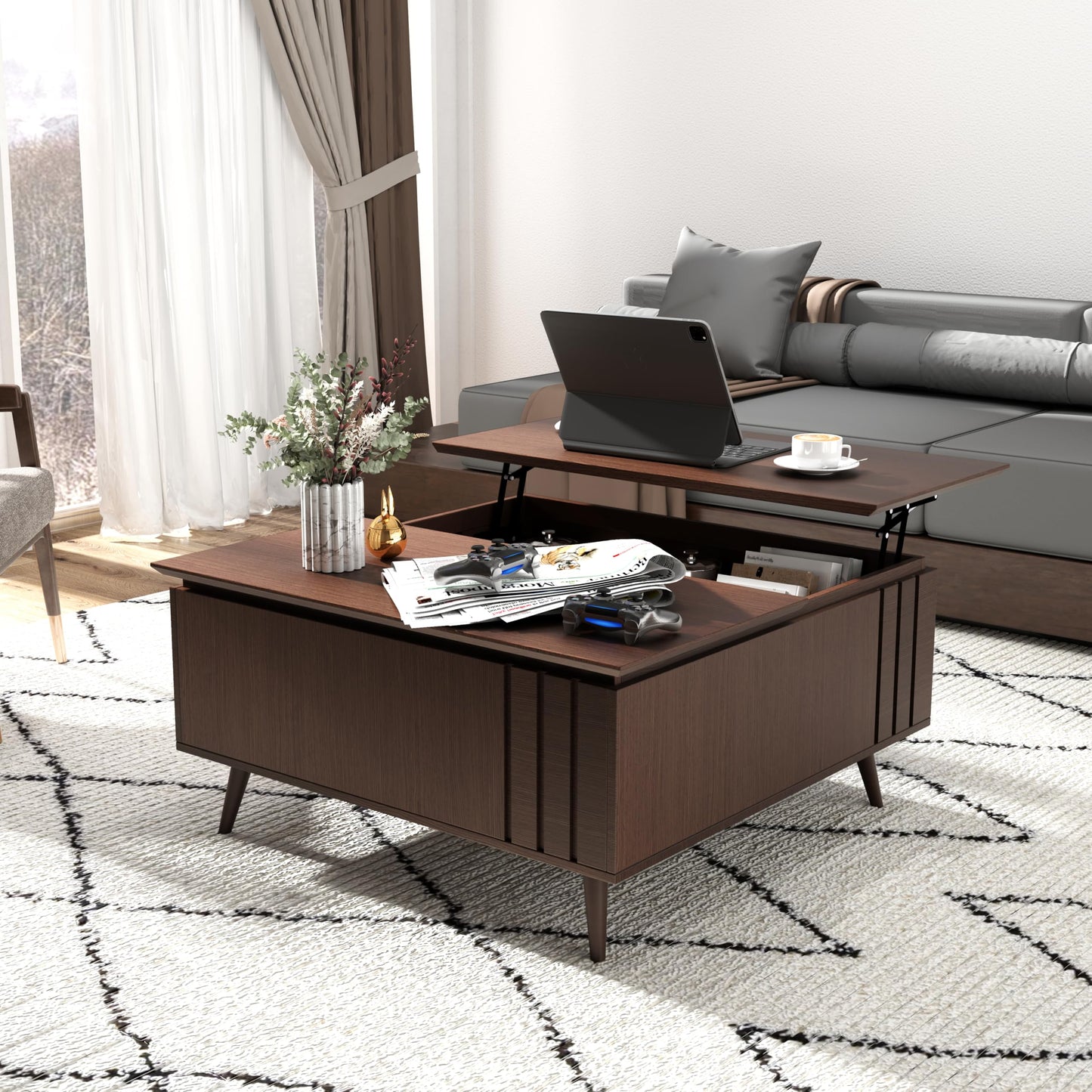 JOINICE 36.2" Lift Top Coffee Table with Storage, Large Square Coffee Tables with Hidden Compartment, Mid Century Modern Center Table for Home Office,Living Room,Dark Walnut