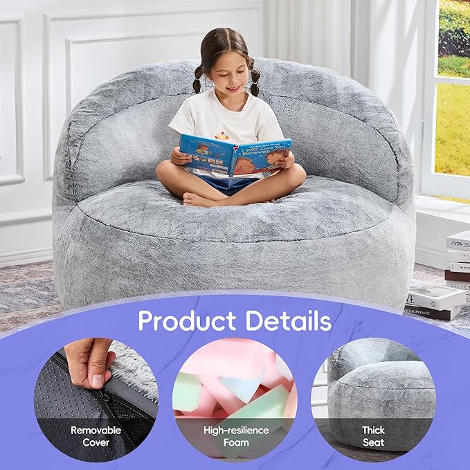 Hobestluk Bean Bag Chair Giant Bean Bag Chairs for Adults Big Bean Bag Chair with Memory Foam Filler Adults Large Beanbag with Faux Fur Cover for Bedroom (Plush Grey,Large)