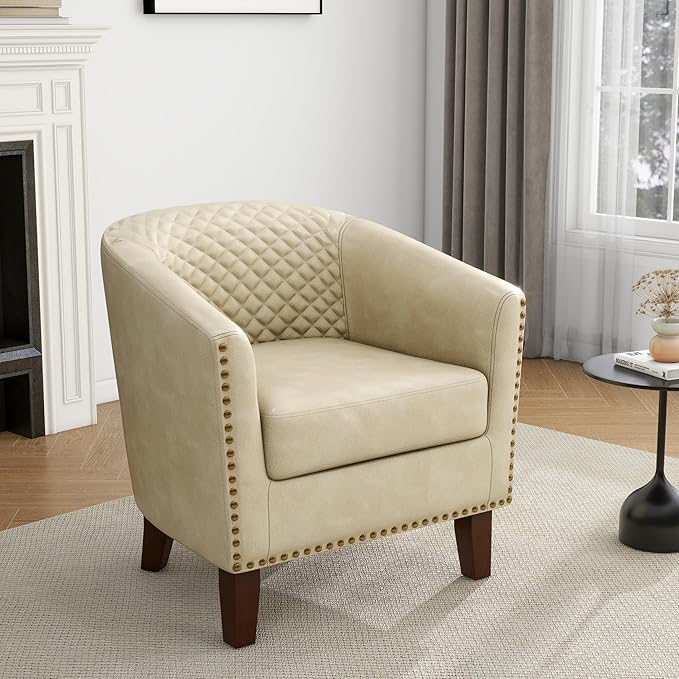UIXE Faux Leather Accent Chair, Barrel Club Chair Upholstered Armchair for Living Room, Comfy Modern Round Arm Chair Bedroom Reading Seat - Beige
