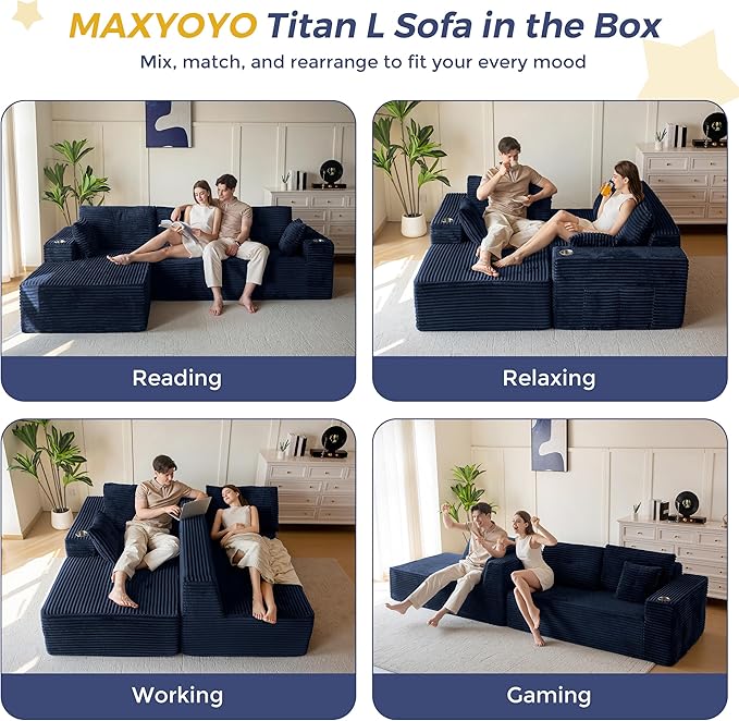 MAXYOYO 104" Modular Sectional Couch with L-Shape Chaise, Modern Boneless Couch for Living Room, Sofa in A Box, Oversized Sofa Sleeper with Deep Seat, No Assembly Required, Navy