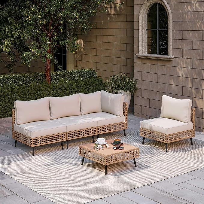 LAUSAINT HOME 5 Pieces Outdoor Sectional Sofa Set, All-Weather PE Wicker Rattan Patio Conversation Set with Thick Cushions & Coffee Table, Patio Furniture Set for Garden, Backyard, Porch (Beige)