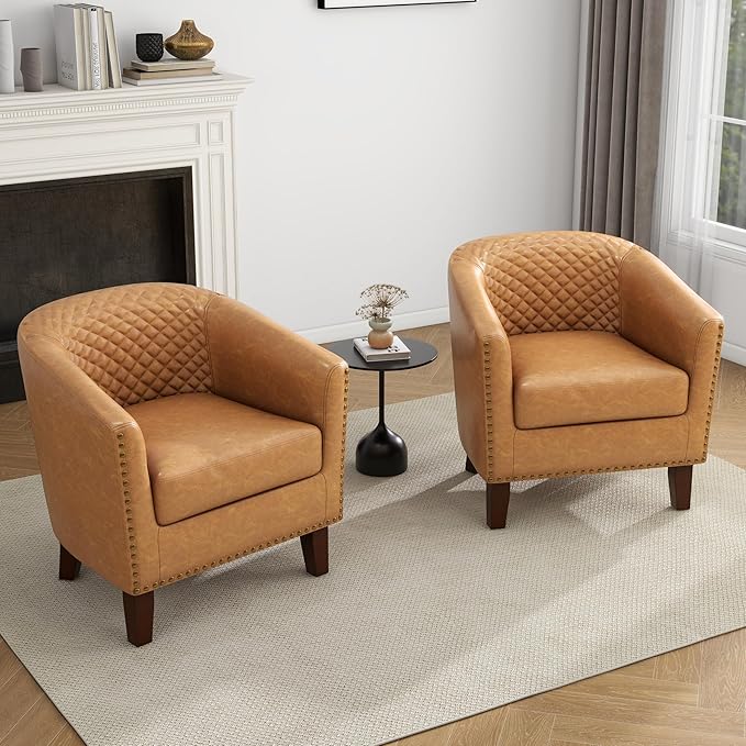 UIXE Faux Leather Barrel Accent Chair, Living Room Club Arm Chairs Modern Round Armchair Comfy Upholstered Single Sofa Reading Seat, Coffee/Light Brown