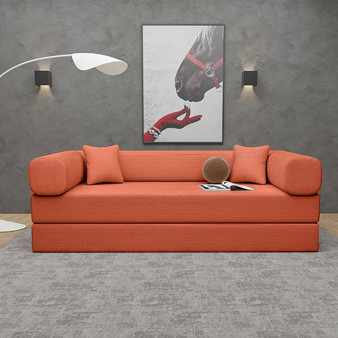 Convertible Couch Sofa Bed Foldable Floor Sleeper | All High-Density 35D Foam | Fold Out Deep Seat Couch | King Size | Compression Sofa Sleeper for Living Room, Bedroom | Corduroy Orange
