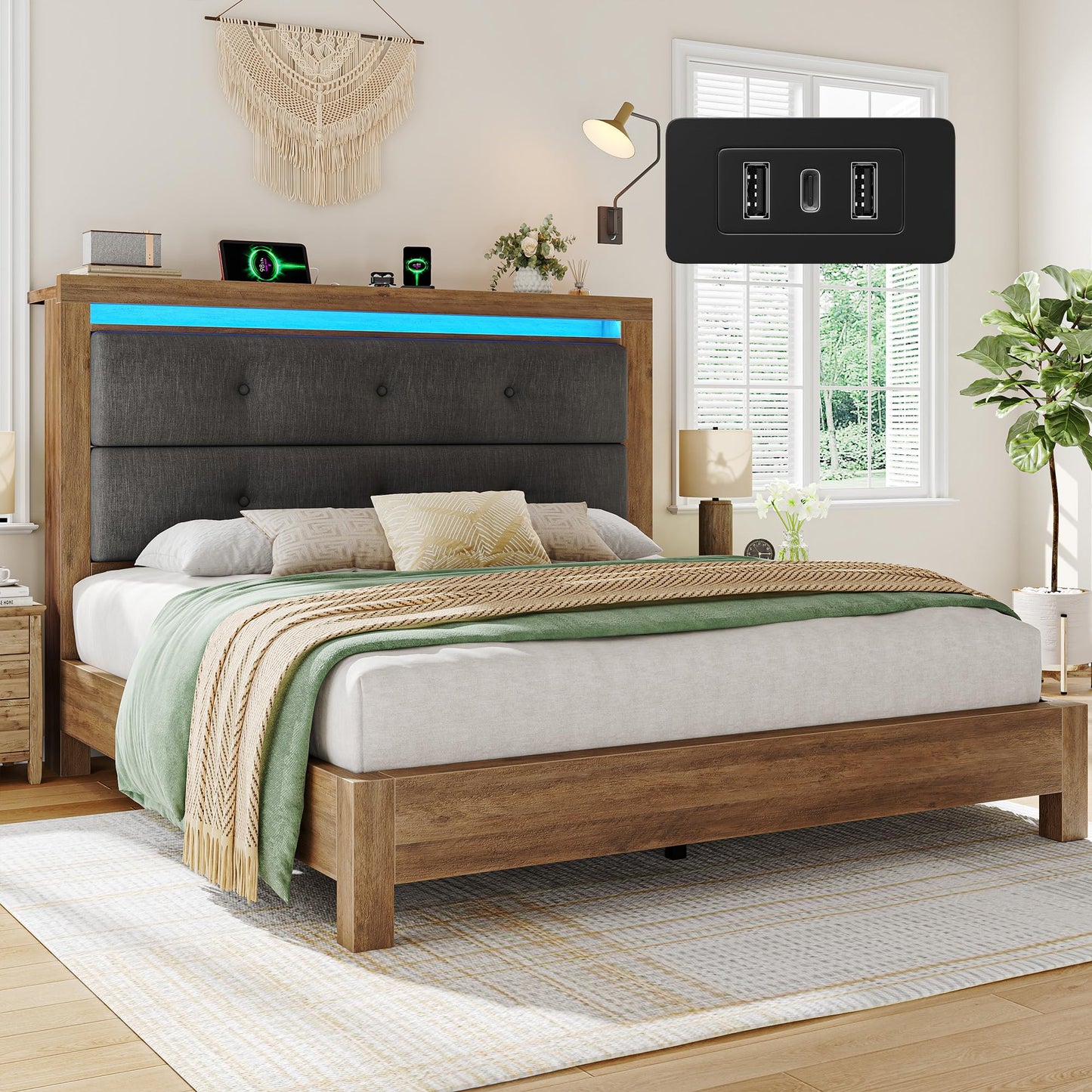 EnHomee Queen Bed Frame, Queen Size Bed Frame Solid Wooden Platform with Built in Charging Station & Upholstered Headboard LED, No Noise, Easy Assembly, No Box Spring Needed