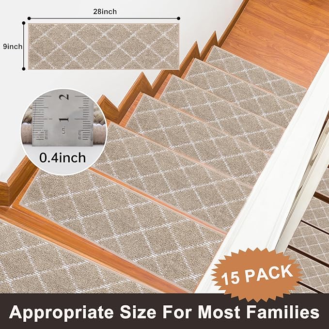 BEQHAUSE Stair Treads 15 Pack Non Slip Stair Runner 28inX9in Machine Washable Stair Mats 100% Polyester Soft Stair Carpet Treads for Wooden Steps