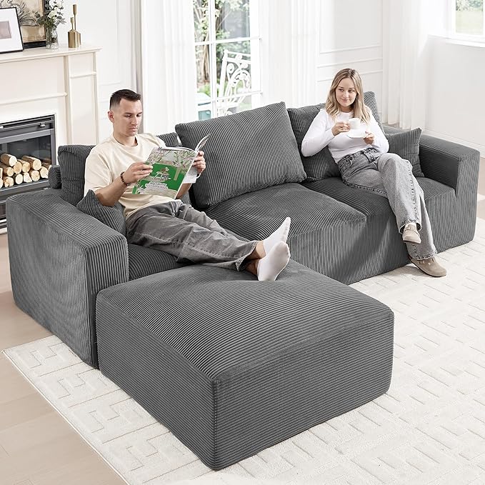 113" Modular Sectional Sofa, Compression Sofa with Deep Seat, Convertible L Shape Couch with Ottoman, Upholstered Couches for Living Room Bedroom,No Assembly Required (Grey Corduroy, 113" L Shape)