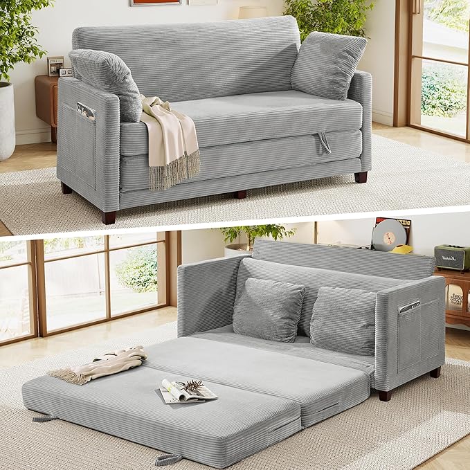 kakuboohi 65" Loveseat Sleeper Sofa Bed, Corduroy Convertible Sofa Bed for Small Spaces, Folding Couch Bed with Deep Seat, 2 Pillows & Solid Frame, Pull Out Floor Couches for Living Room, Grey