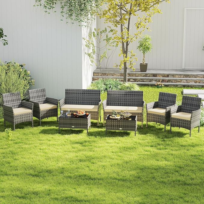 RELAX4LIFE 4-Piece Patio Furniture Set - Rattan Outdoor Conversation Bistro Set w/Cushions, Glass Coffee Table, Wicker Chairs & Loveseat for Garden Backyard Porch Balcony (1, Mix Grey-Beige)