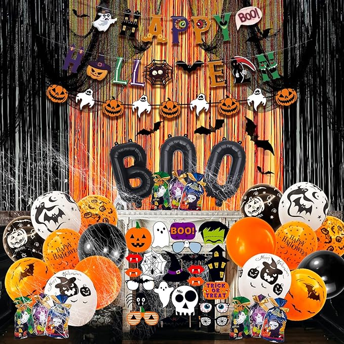 UJoyant 101 Pcs Halloween Party Decorations, Halloween Party Supplies - Ghost and Bat Pumpkin Banner, Multi Balloons, Pho...