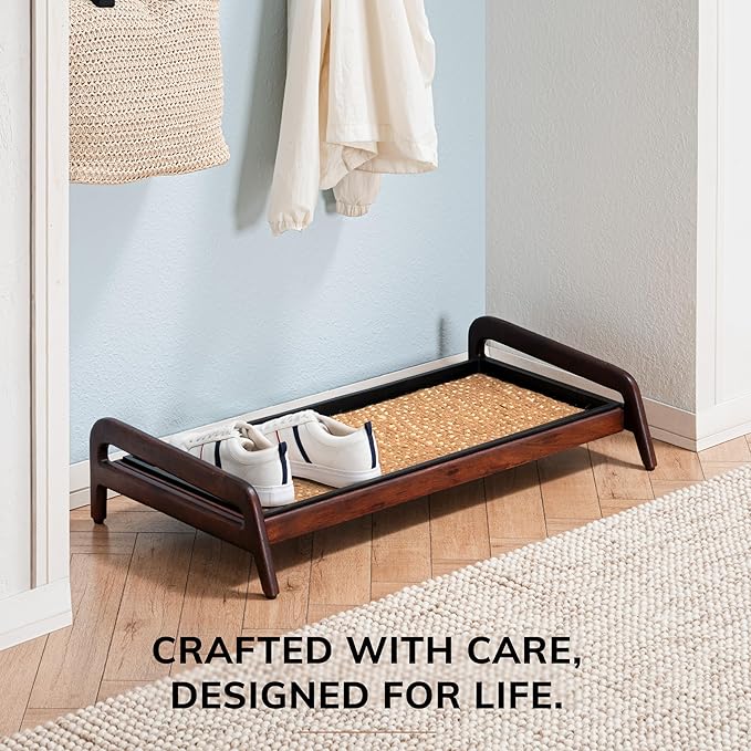 Anji Mountain Heavy Duty Waterproof Wooden Shoe Storage Mat Organizer/Boot Storage Tray Multi Use for Entryway with Coir, Tan and Khaki Insert, 1 Tier, Fits 3 Pair (36.5" Wide)