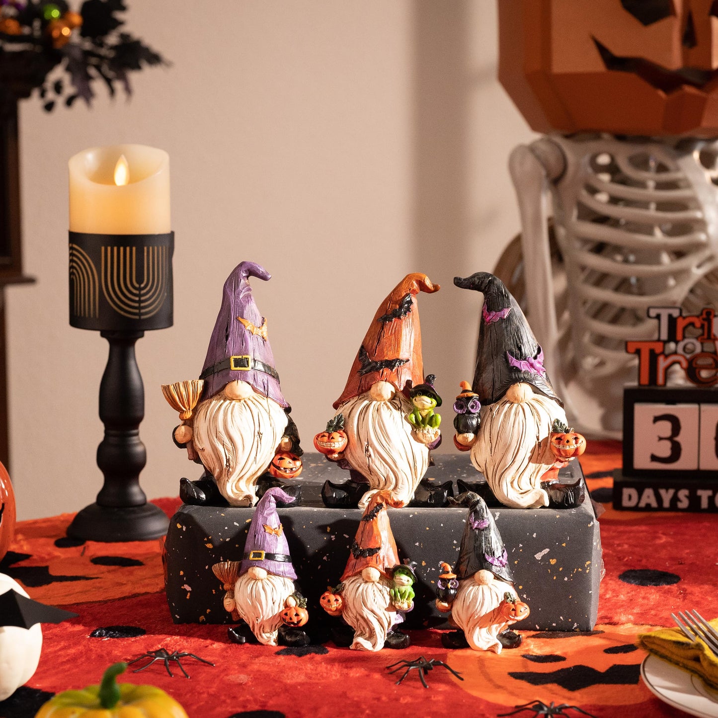Valery Madelyn Halloween Decorations Indoor, 3 Pcs Resin Halloween Gnomes Decor for Home with Bat Witch Hat, Collectible Figurines Elf Dwarf Broom Jack O Lantern for Table Tiered Tray Outdoor, 3.6''