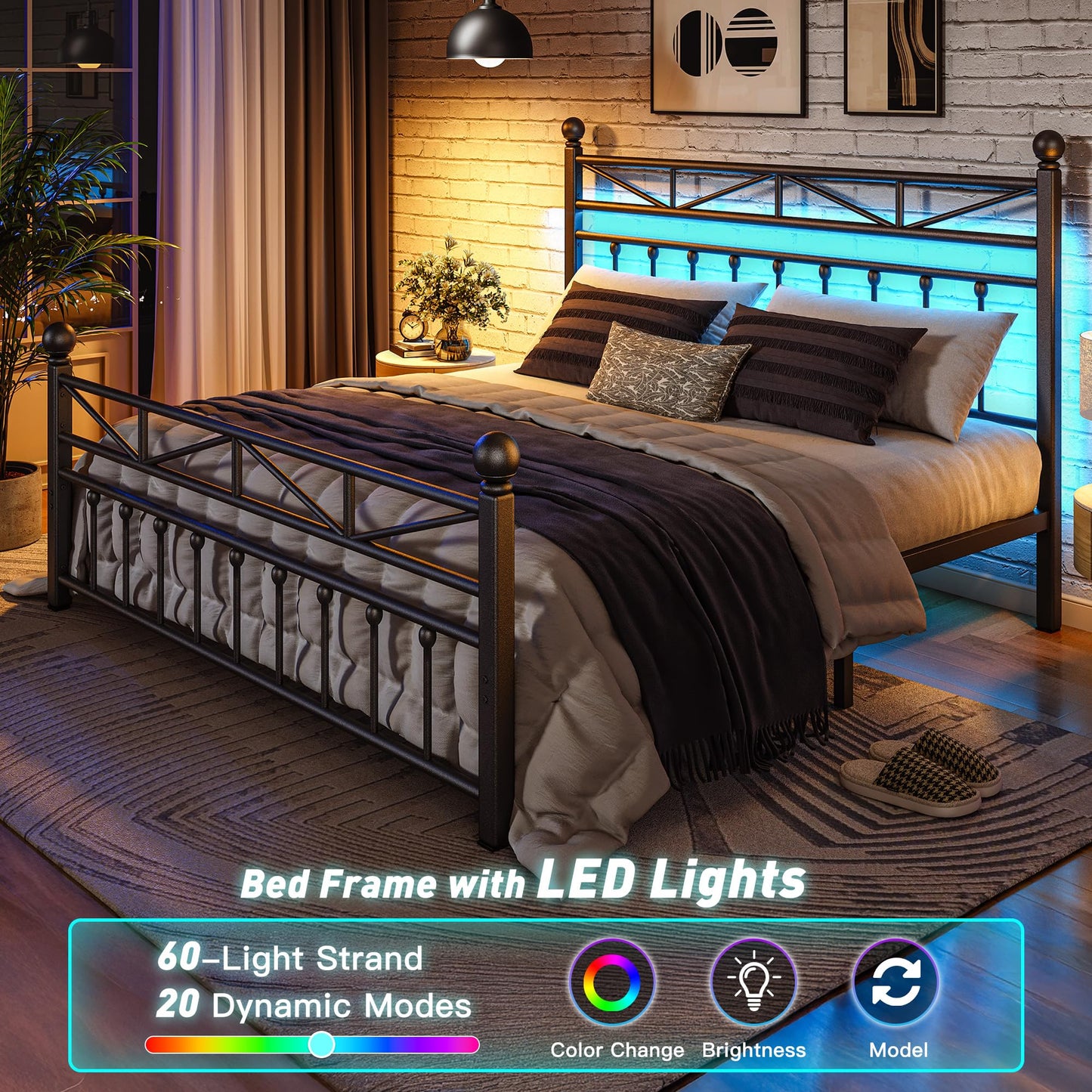 EnHomee 54" Contemporary Metal Bed Frame Queen Size with Tall Headboard, LED Light Queen Size Bed Frame, Sturdy Metal Slats Support with Under Bed Storage/Easy to Put Together/Black