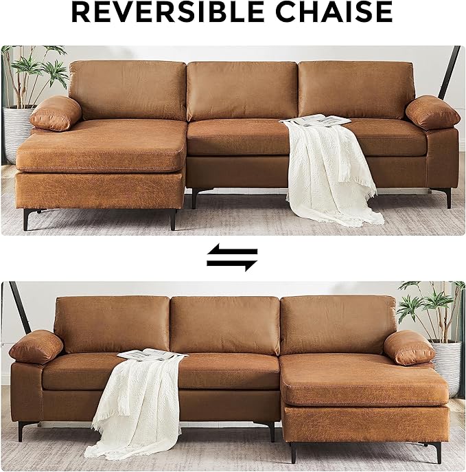VANOMi Faux Leather Couch for Living Room, 100" Sofa & Couches with Convertible Chaise 3-Seater Modern Sectional Sofa for Apartment, Corner, Office, Right/Left-L-Shaped, Brown