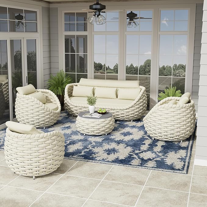Erotr Woven Rope Outdoor Sofa Set: 5 Pieces Aluminum Patio Conversation Set Assembled - All Weather Cushioned Porch Furniture Couch - Modern Metal Lounge Set for Deck Yard Resort Hotel Sunroom, Beige