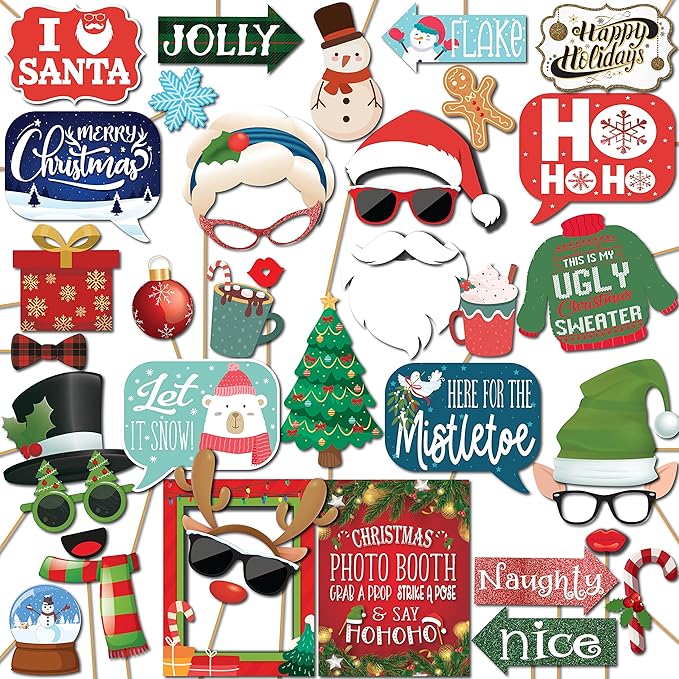 Christmas Photo Booth Props - 41-pc Photobooth Kit with 8 x 10-Inch Sign, 60 Adhesive Pads, 45 Sticks - Christmas Photoboo...