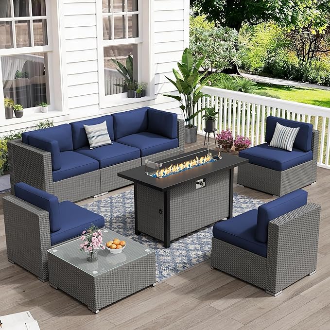 Crownland 8-Piece Outdoor Patio Furniture Sets with 45” Propane Gas Fire Pit Table, All-Weather Grey Wicker Rattan Sectional Sofa with Coffee Table(Dark Blue)