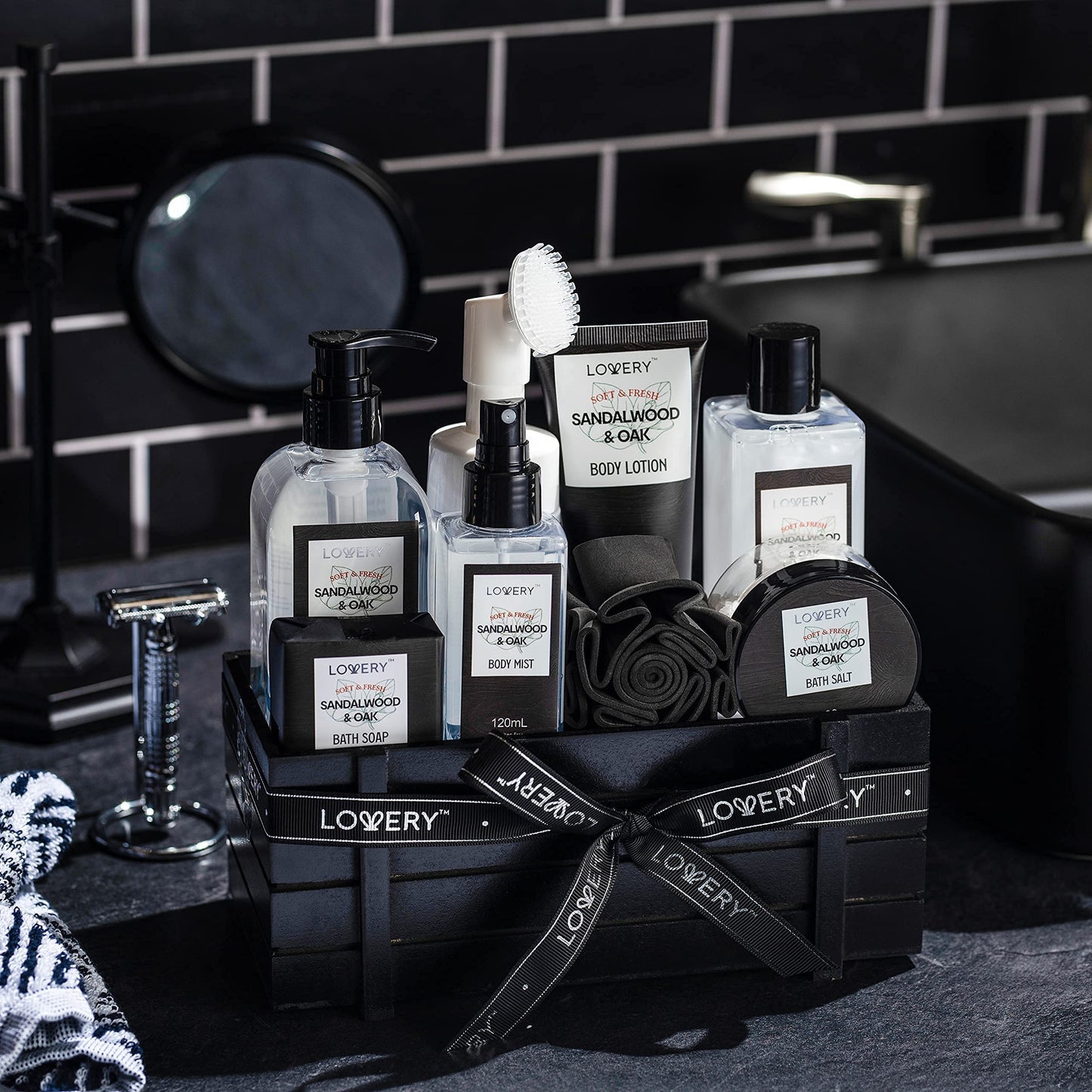 Birthday Gifts Spa Kit for Men - Sandalwood and Oak Scented Bath Gift Set and Shower Gift Basket With Face Wash & Brush, Shower Gel, Bubble Bath, Body Lotion, Body Mist, Handmade Soap, Salts & Puff
