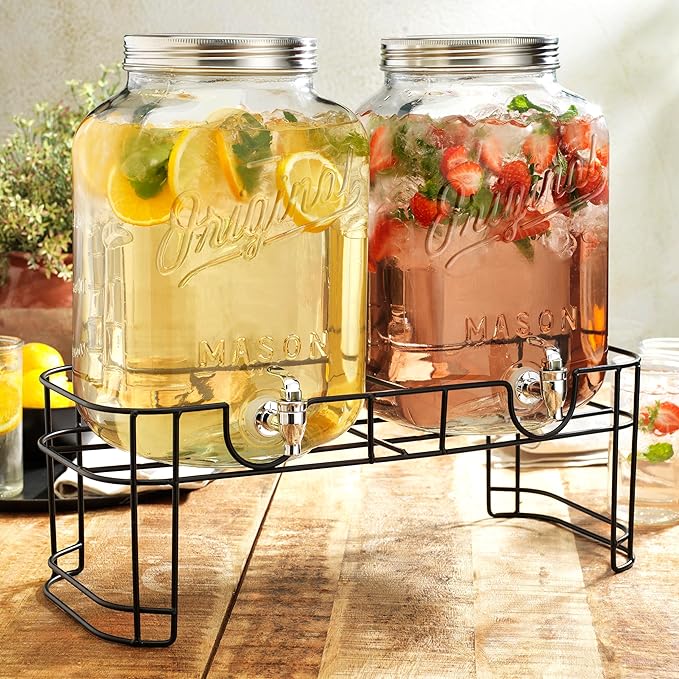 2 GALLON Glass Drink Dispensers for Parties, Original Mason Ice Beverage Dispensers, Glass Water Dispenser with Spigot, La...