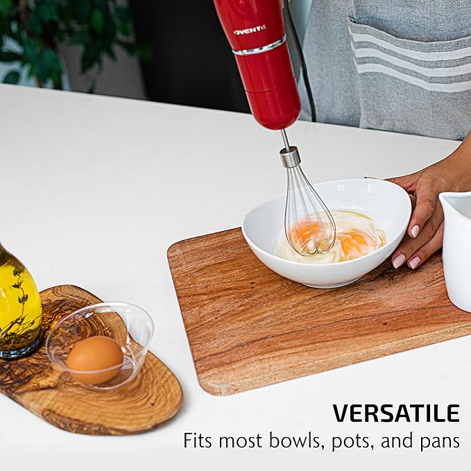 OVENTE Immersion Hand Blender Set, 300W Corded Electric Handheld Stick Mixer, 2 Mixing Speeds with Stainless Steel Blades, Egg Whisk, Beaker & BPA-Free Food Chopper, Red HS565R