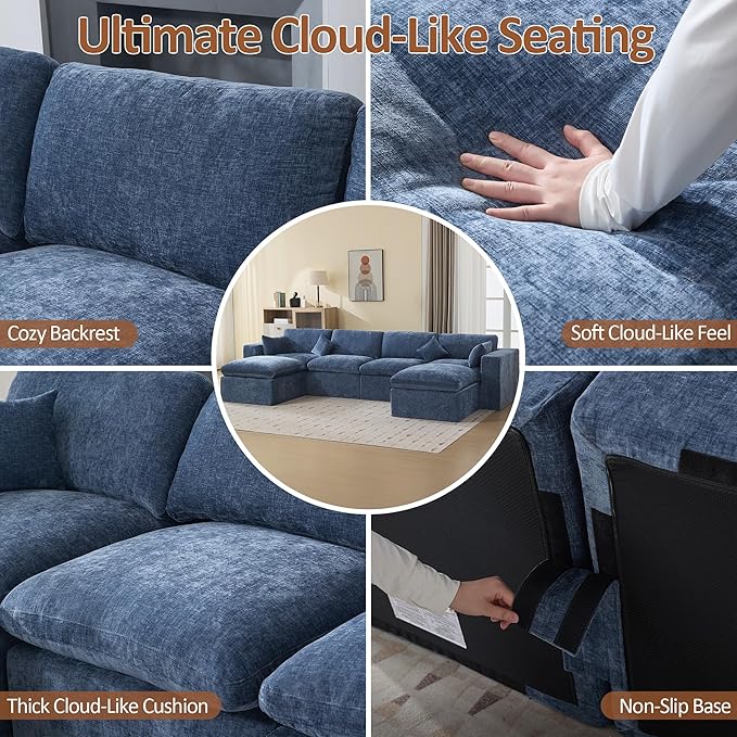 155''Cloud Boneless Sectional Couch, Modular Sectional Sofa Deep Seat with 2 Ottomans, Oversized Upholstered Convertible Comfy 6 Seater Chenille Sofa U Shape Couches for Living Room, Blue