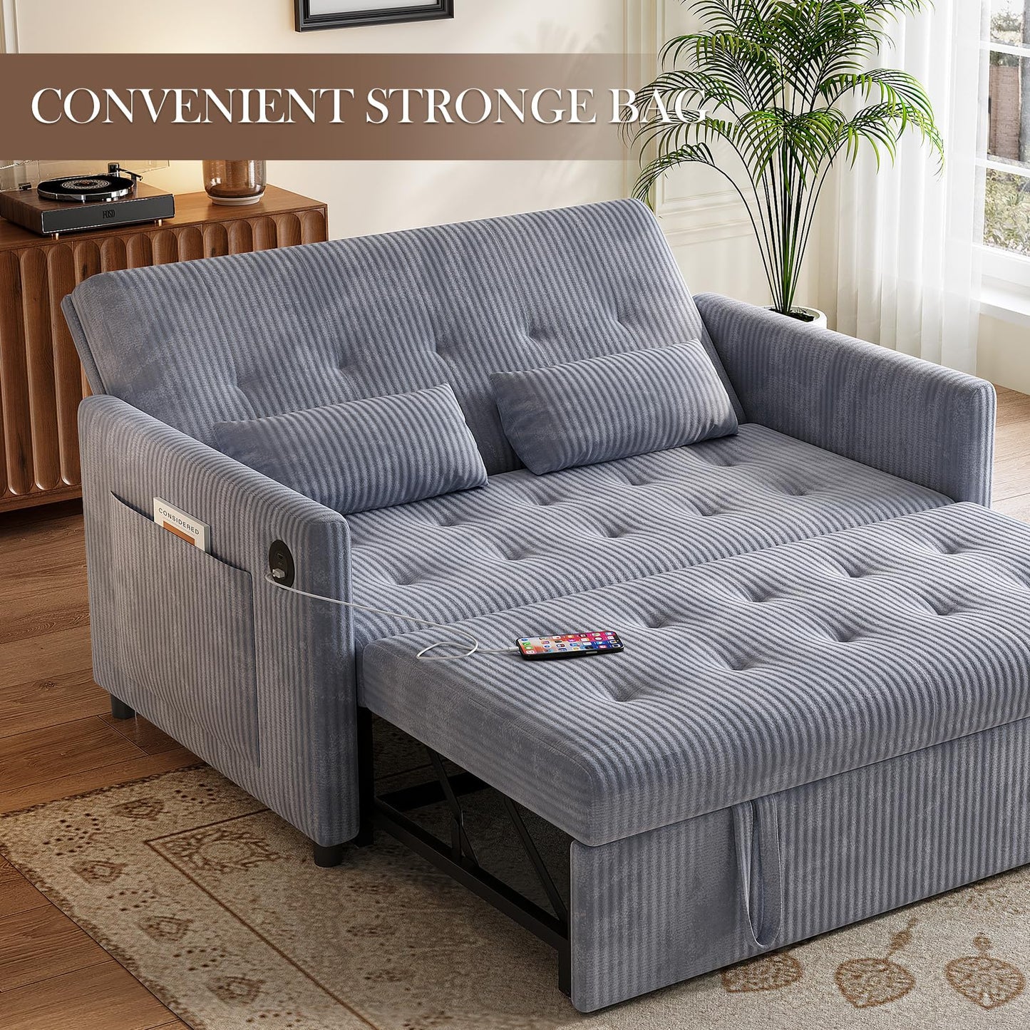 UXENAFANA Sofa Bed, Loveseat 3-in-1 Sleeper Sofa with Pull Out Bed, Pockets and USB, Modern 2 Seater Convertible Small Couch for Living Room Bedroom Apartment (Gray, Corduroy)